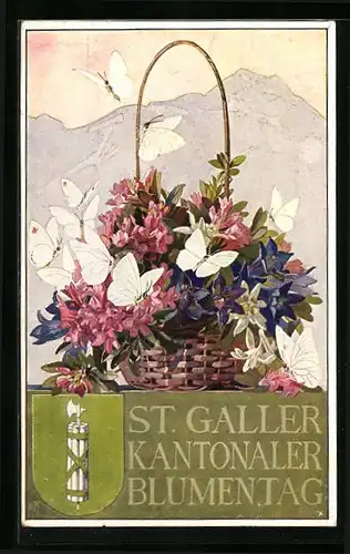 AK St. Gallen, Kantonaler Blumentag 1911, Schmetterlinge umschwirren einen Blumenkorb