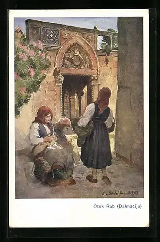 Künstler-AK Edo v. Handel-Mazzetti: Otok Rab, Frauen sitzen am Strassenrand