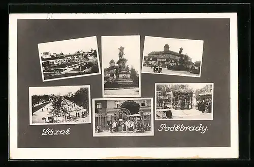 AK Lazne Podebrady, Ortsansicht, Strassenpartie und Denkmal