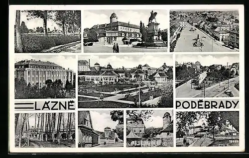 AK Lazne Podebrady, Ortspartie aus der Vogelschau, Strassenpartie und Parkanlagen