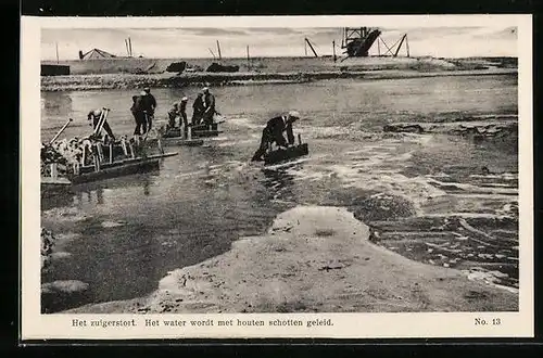 AK Zuiderzeewerken, Het zuigerstort, Het water wordt met schotten geleid