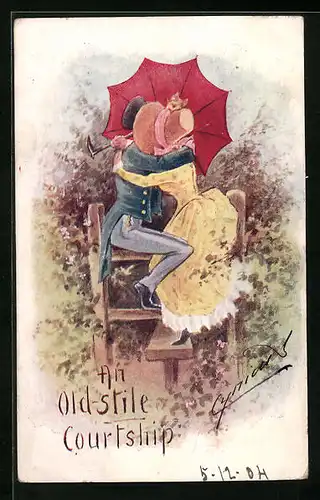 Künstler-AK Cynicus: An Old-Stile Courtship, Verliebtes Paar beim Kuss