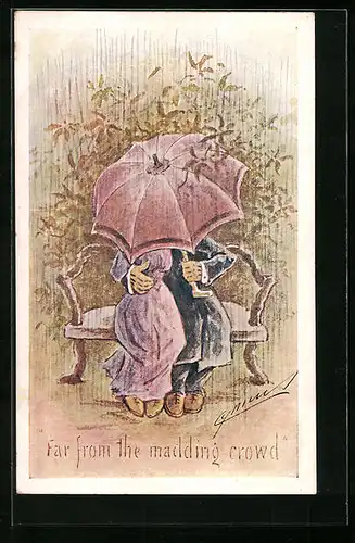 Künstler-AK Cynicus: Paar sitzt unter einem Regenschirm auf einer Parkbank