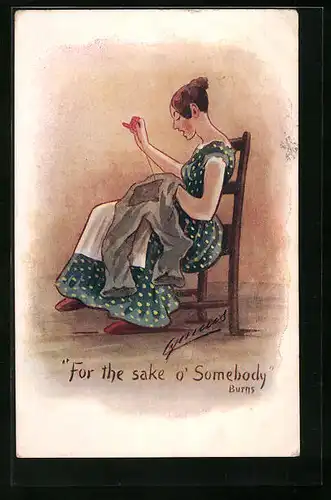 Künstler-AK Cynicus: Junge Frau flickt eine Hose