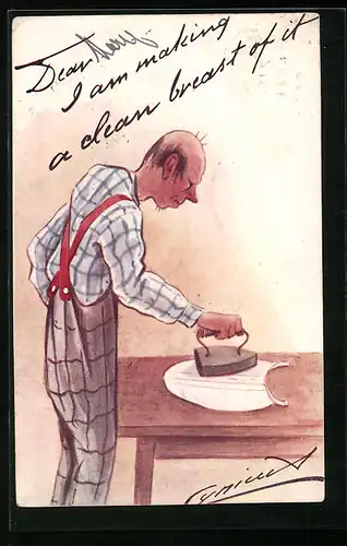 Künstler-AK Cynicus: Mann bügelt einen Hemdeinsatz