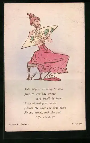 Künstler-AK Cynicus: Ältere Dame sitzt lächelnd auf einem Stuhl und hält einen Fächer in der Hand