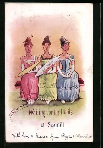 Künstler-AK Cynicus: Ältere Damen sitzen wartend auf einer Bank, Waiting for the Mails at Seamill