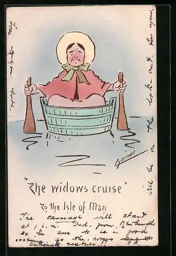 Künstler-AK Cynicus: Alte Frau sitzt in einem Waschbottich, The Widows Cruise to the Isle of Man