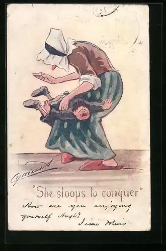 Künstler-AK Cynicus: Frau mit weisser Haube verprügelt einen Knaben