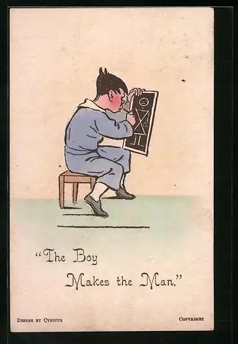 Künstler-AK Cynicus: Junge malt auf einer Kreidetafel, The Boy makes the Man