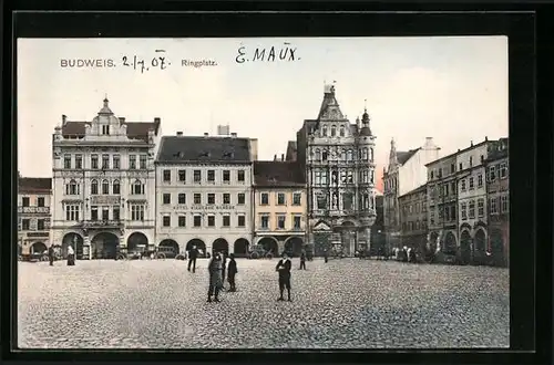 AK Budweis, Ringplatz mit Hotel Silberne Glocke