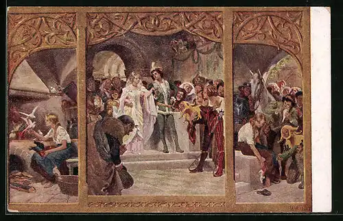 Künstler-AK Paul Hey: Drei Bilder aus dem Märchen Aschenputtel