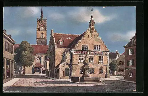 AK Friedrichshafen a. B., Rathaus und Zeppelinbrunnen