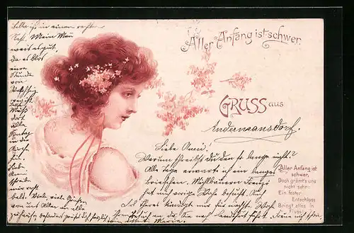 Lithographie Bildschönes Fräulein mit Blüten im Haar, Jugendstil
