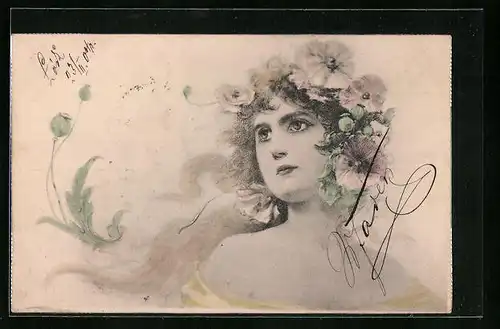 Lithographie Frau mit Blüten im Haar, Jugendstil