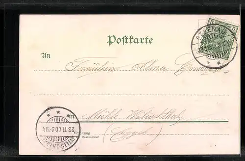 Lithographie Landschaftsbild mit Segelbooten, Blüten- und Blumenornamente, Jugendstil
