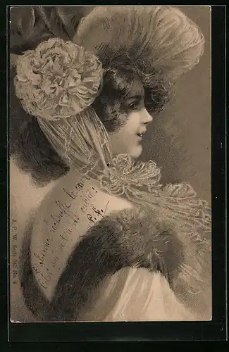 AK Portrait einer schönen Frau mit interessantem Hut, Jugendstil