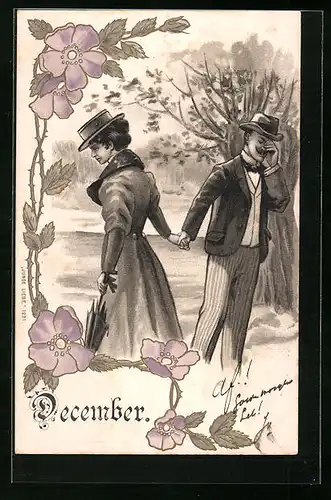 Lithographie December, Paar trennt sich wam Waldrand, Rosenornament im Jugendstil