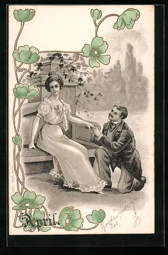 Lithographie April, Mann hält um die Hand seiner Liebsten an, Rosenornamente, Jugendstil