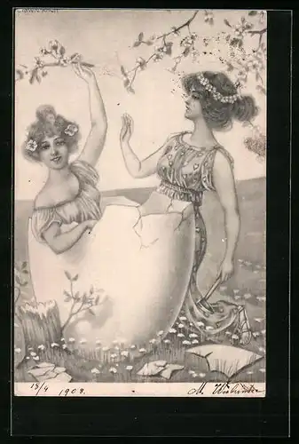 AK Zwei Frauen in einer Eierschale auf der Blumenwiese, Jugendstil