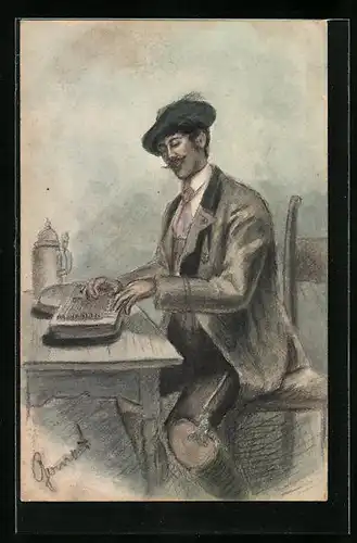 AK Mann in Tracht sitzt am Tisch und spielt auf einer Zither
