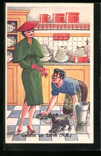 Künstler-AK Laren, Dame mit Hund und Haushälterin in der Küche, Emanzipation, Scherz