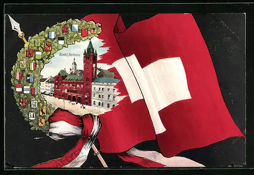 AK Basel, Rathaus, Wappen & Fahne, Passepartout