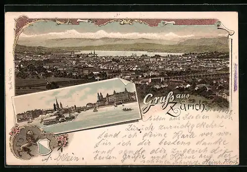 Lithographie Zürich, Teilansicht, Uferpartie mit Dampfer