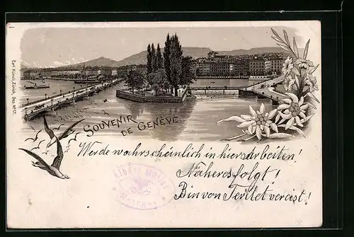 Lithographie Genève, Teilansicht mit Brücke