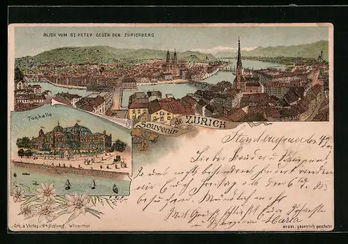 Lithographie Zürich, Blick vom St. Peter gegen den Zürichberg, Tonhalle