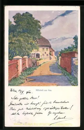 Künstler-AK Millstatt, Strassenpartie mit Gasthaus zur Post