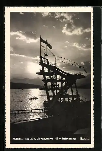 AK Millstatt am See, Sprungturm mit Boot am Abend
