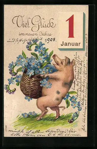 Präge-AK Schwein trägt einen Korb voller Blumen, Viel Glück im neuen Jahr! vermenschlichte Tiere