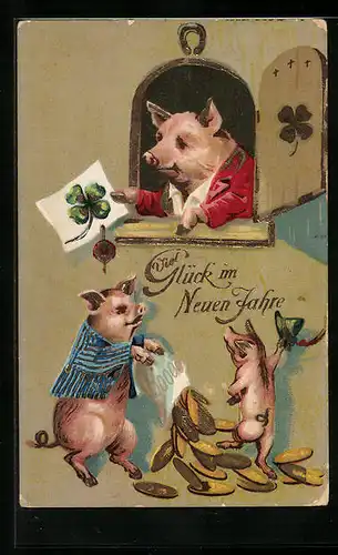 AK Vermenschlichte Schweine wünschen Viel Glück im neuen Jahr mit Kleeblättern und Geldmünzen