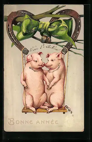 Präge-AK Schweine sitzen fröhlich auf einer Schaukel, Bonne Année! Hufeisen, vermenschlichte Tiere