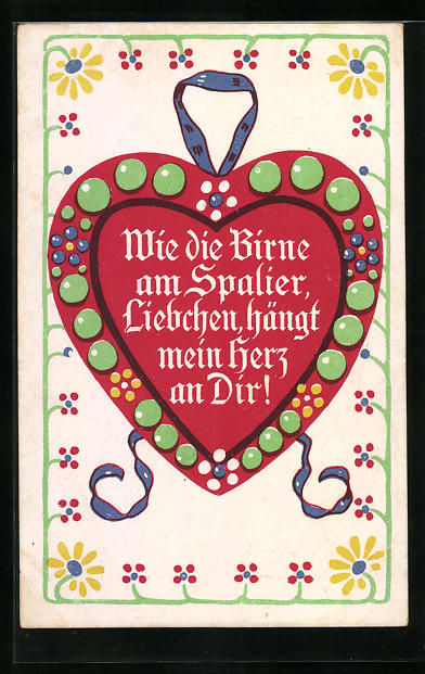AK Lebkuchen mit Spruch Wie die Birne am Spalier, Liebchen, hängt mein