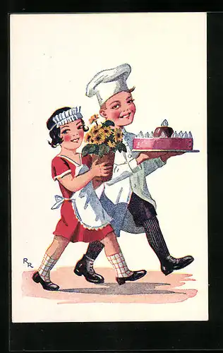 AK Bäcker und Hausmädchen bringen Torte und Blumen