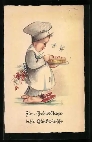 AK Junger Bäcker nascht von der Torte, Zum Geburtstag beste Glückwünsche