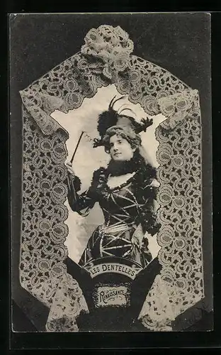 AK Elegante Dame präsentiert das Handwerk der Spitzenklöppelei