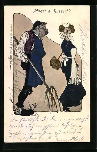 AK Dienstmädchen rümpft die Nase über den grobschlächtigen Knecht, Magst a Busserl?