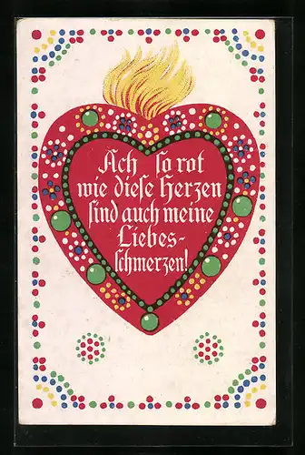 AK Bunter Lebkuchen mit Spruch Ach so rot wie diese Herzen sind auch meine Liebesschmerzen!