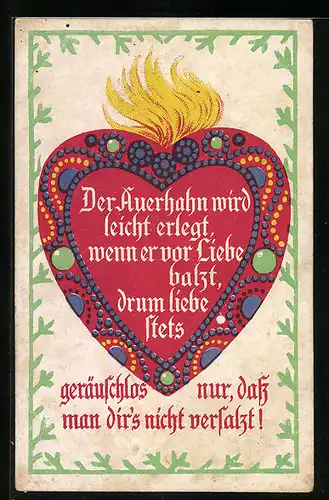 AK Bunter Lebkuchen mit Spruch Der Auerhahn wird leicht erlegt, wenn er vor Liebe balzt, ...