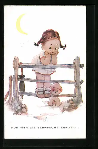 Künstler-AK Mabel Lucie Attwell: Weinendes Mädchen steht auf einem Zaun, Nur wer die Sehnsucht kennt...