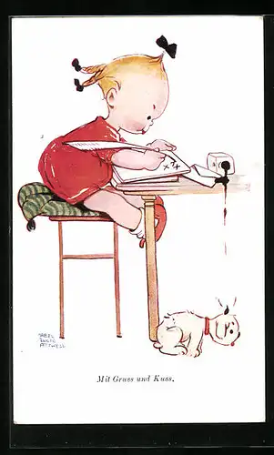 Künstler-AK Mabel Lucie Attwell: Mädchen schreibt eifrig einen Brief, Mit Gruss und Kuss