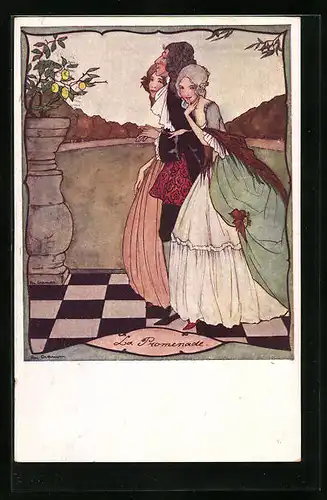 Künstler-AK Rie Cramer: Mann und zwei Frauen beim Spaziergang im Rokokokostüm