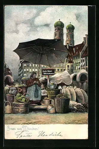AK München, Marktfrau an ihrem Verkaufsstand, Münchener Typen