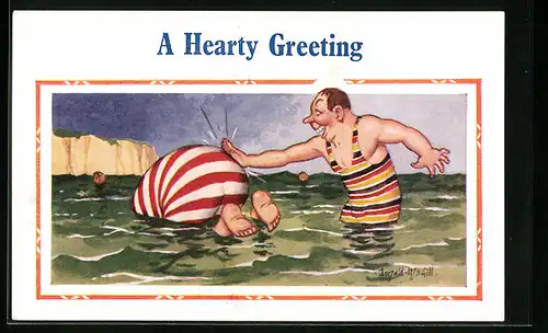 Künstler-AK Donald McGill: Männer in Badekleidung tummeln sich im Wasser, A Hearty Greeting