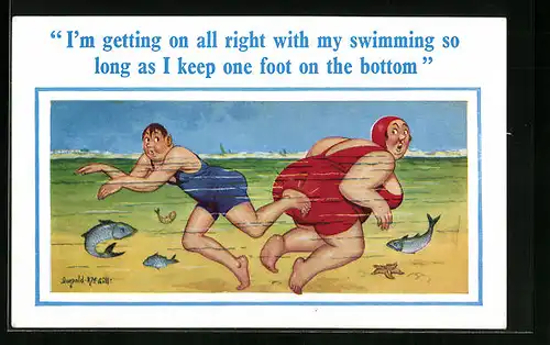 Künstler-AK Donald McGill: Frau und Mann in Badekleidung berühren sich unter Wasser