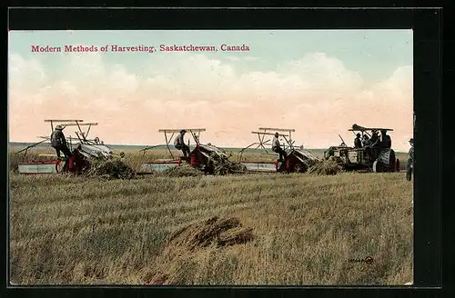 AK Männer mit Erntemaschinen auf dem Feld, Modern Methods of Harvesting in Canada