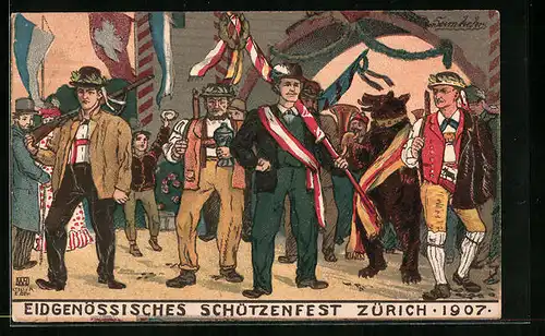 AK Zürich, Eidgenössisches Schützenfest 1907, Teilnehmer mit Gewehr und Tanzbär